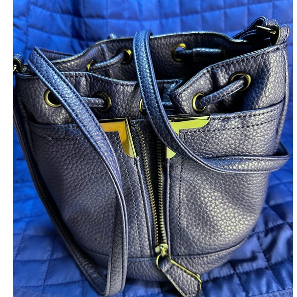 Danielle Nicole Blue Pebble Vegan PU Lthr Mini Drawstring Bucket Crossbody Bag - Picture 2 of 13